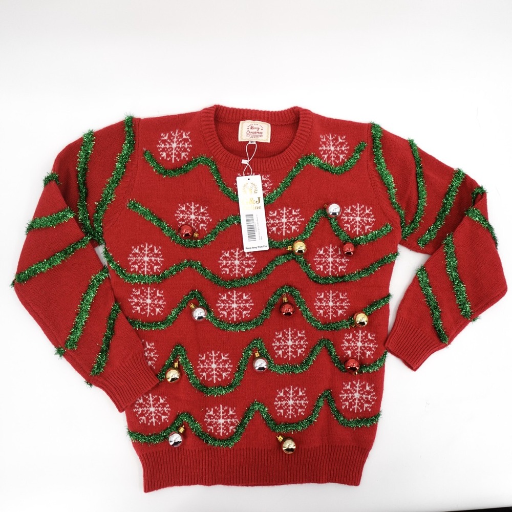 New Christmas Sweater Womens Extra large Red Christmas Tree Ball Tinsel Elf